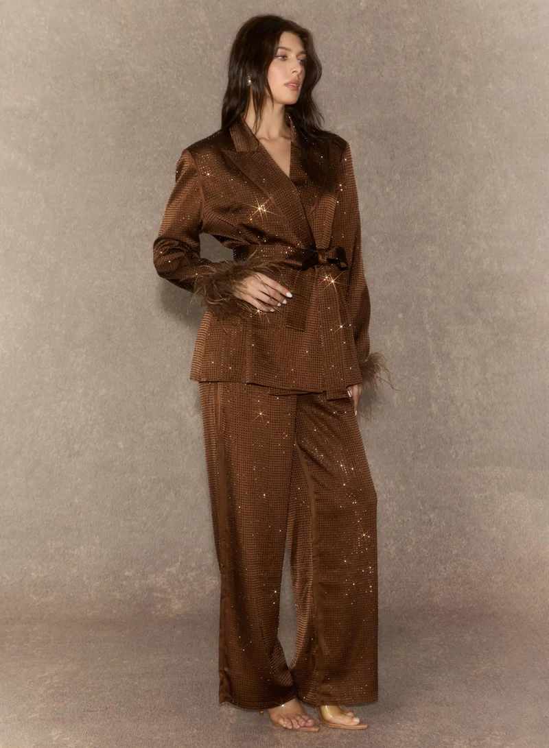 سنفير Suave Presence Brown Diamond Blazer & Wide Leg Pants Set